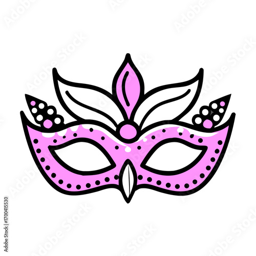 Elegant pink masquerade mask with decorative dots and a feather accent on a black background