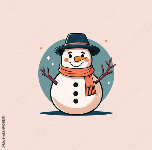 flat vector illustration of a happy snowman with a hat and carrot nose