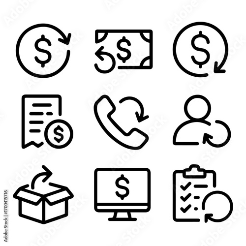 Nine Bold Black Line Icons Depicting Financial Transactions and Processes.