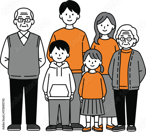 Cartoon illustration of multi‑generational family group, six people standing together, grandparents, parents, children, family portrait concept, vector art, flat design