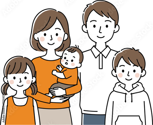 Cartoon family illustration, parents with children, mother holding baby, father, son and daughter, happy family portrait, vector design, flat style, stock art