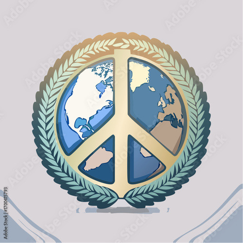 Symbolic Illustration of World Peace Featuring the Earth and Peace Sign in a Laurel Wreath