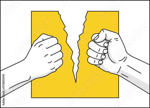 Clenched fists illustration, torn yellow rectangle, conflict and division concept, power and strength vector art, disagreement and separation, protest or resistance symbol