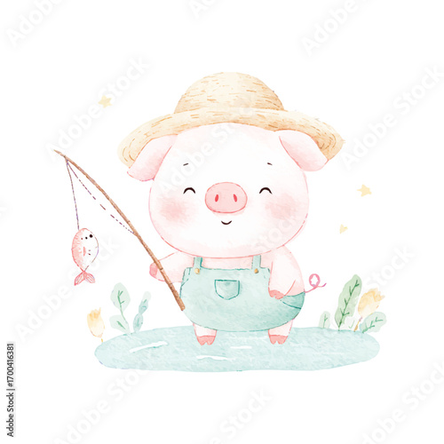 Adorable Pig Fishing Watercolor Illustration Cute Farm Animal Cartoon.