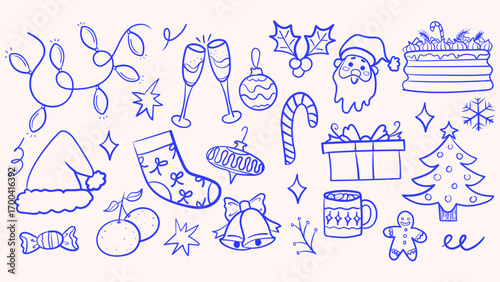 Christmas doodle ink element set. Hand drawn garland, flute, dessert, Santa decoration symbol. Vector illustration.