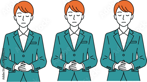 Cartoon person in teal suit, hands clasped pose, calm expression, meditation or contemplation concept, vector design, flat style, character illustration, stock art