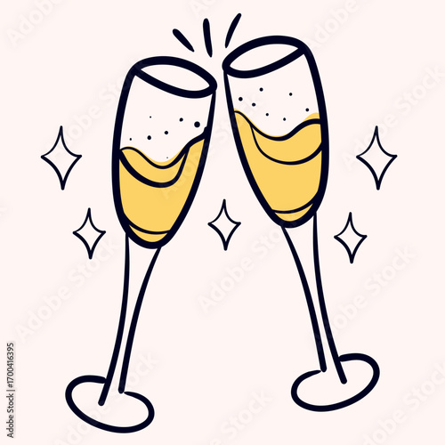 Doodle ink glasses of champagne decoration symbol. Vector illustration.