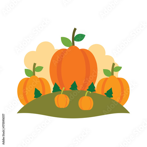 Autumn harvest scene with pumpkins and trees gourds