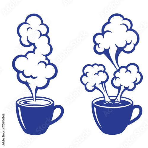 Two stylized illustrations of blue coffee mugs steaming and showing hot drinks
