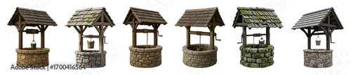 Stone and wooden water well set including rustic, weathered, mossy, and clean styles isolated. Architectural and fantasy game assets.
