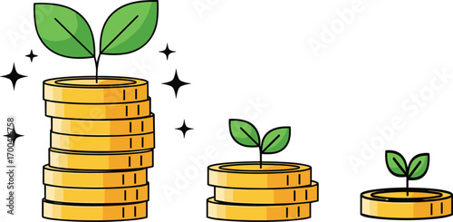 Gold coin stacks with growing plants, financial growth concept, investment and savings illustration, economic development vector art, wealth and prosperity symbol design