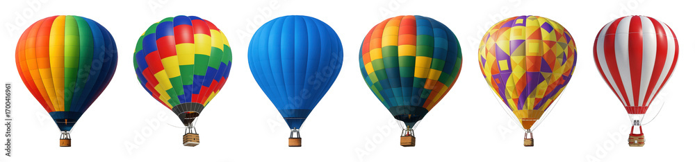 Obraz premium Hot air balloon set including rainbow, checkered, solid blue, striped, and geometric patterns isolated. Adventure and travel collection.