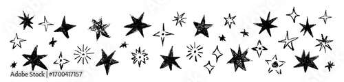 Grunge black stars collection with chalk, charcoal texture. Naive hand drawn scribble wax crayons stars. Doodle decorative design elements Vector illustration isolated on transparent background