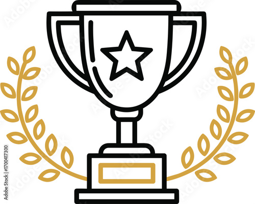 Cartoon illustration of trophy with star emblem, golden laurel branches, award and achievement concept, victory celebration symbol, vector art, flat design