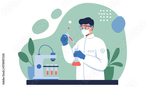 A man in a lab coat is holding a beaker and wearing a mask. Concept of caution and scientific precision