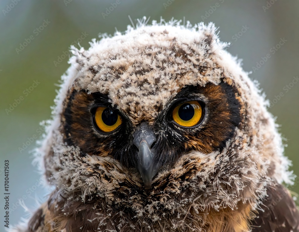 Obraz premium Close-up view of a juvenile great horned owl with a fluffy head of downy feathers, showcasing intense yellow eyes and detailed plumage patterns.