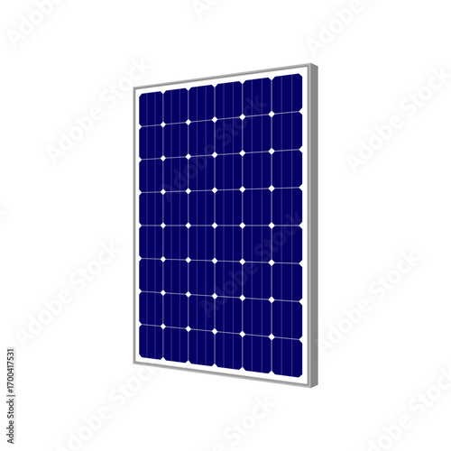 Modern blue solar panel with photovoltaic cells, angled perspective, designed for clean energy, sustainability, and eco-friendly power solutions, isolated on white background.