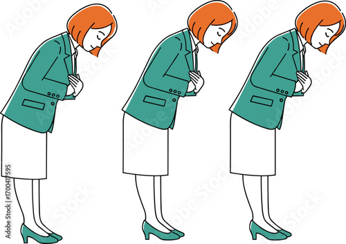 Bowing woman illustration, professional female character in teal blazer and skirt, cultural etiquette concept, respect gesture, vector design, flat style, stock art