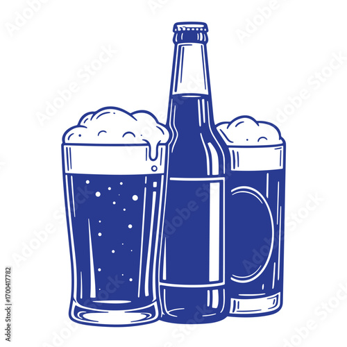Vector illustration of a beer bottle and two glasses filled with beer and foam