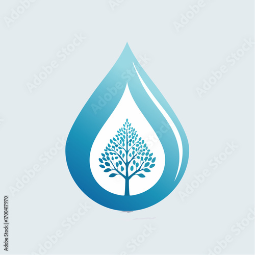 Water conservation emblem featuring a stylized tree within a droplet, emphasizing environmental sustainability