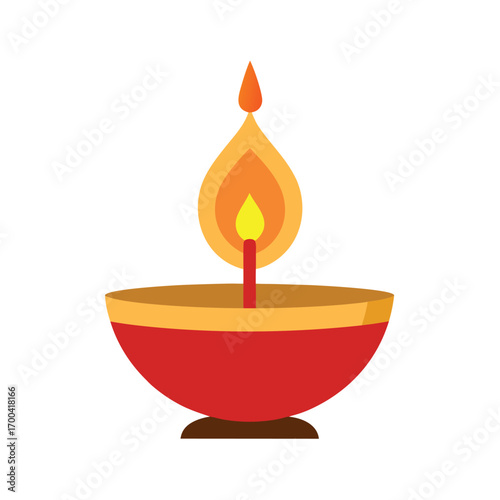 Red Diya Lamp with Orange Flame on White Background Keywords: diya, lamp, oil lamp, candle