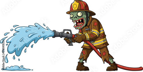 Zombie firefighter spraying water from hose, undead emergency responder in tattered uniform, cartoon-style illustration for horror theme