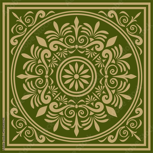 Classic Greek green and gold square ornament. Vector pattern, ancient Hellenic rectangle. European border.
