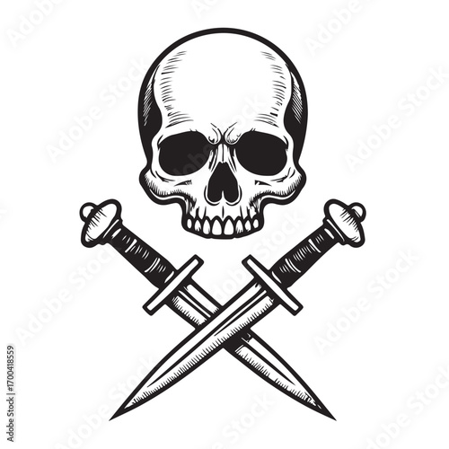 Skull and crossed daggers black and white illustration