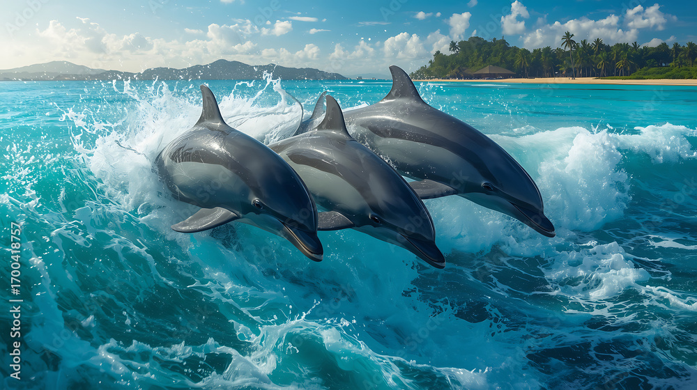 Fototapeta premium group of dolphins jumping in vibrant sea with palm-lined coast and scenic sky