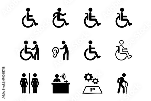 Disabled handicap vector black and white  icons set, vector illustration on transparent background
