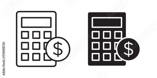 Budget icon. Money flow account with calculator. Business concept. Vector illustration with stroke and fill on a white background.