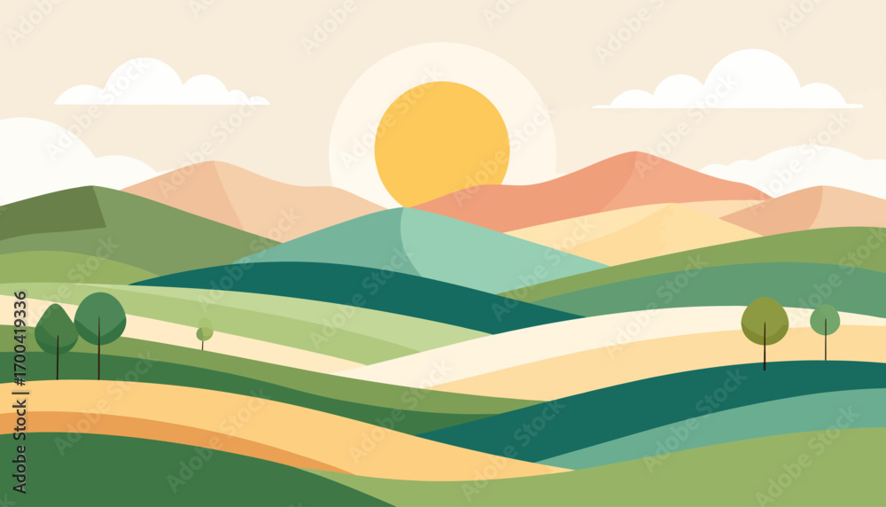 Fototapeta premium Serene countryside scenery with rolling green fields, mountains, and a rising sun in a modern flat art style illustration