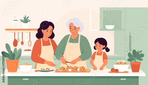 A happy family of three generations, including a grandmother, mother, and daughter, baking delicious cookies together in a cozy home kitchen