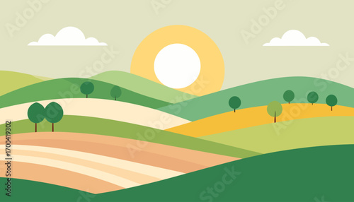 Serene countryside landscape with rolling green hills and farm fields under a morning sun, a beautiful nature concept illustration