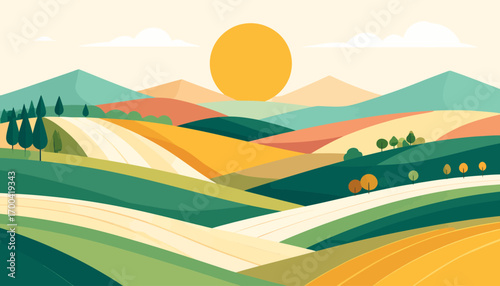 Stylized vector illustration of a beautiful rural landscape with colorful rolling hills, patchwork fields, and a bright sun setting over mountains