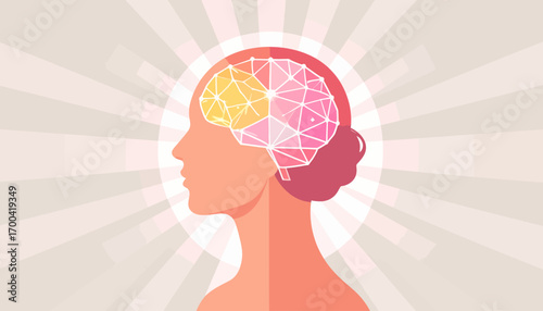 The duality of the human mind, showcasing the logical and creative hemispheres of the brain in a female silhouette