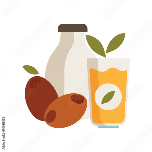 Bottle of milk, olives, and a glass of juice fruit