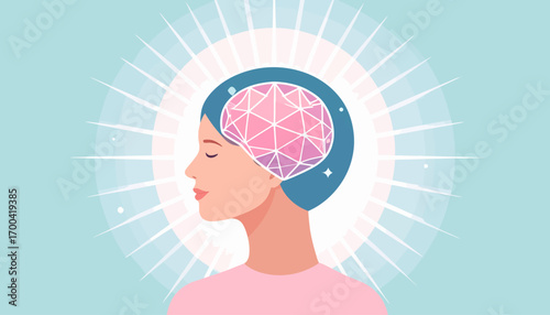 Vector illustration of a woman's profile with a shining, interconnected brain symbolizing mental wellness, mindfulness, and the power of positive psychology