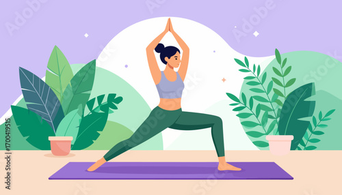 Young woman practicing the warrior yoga pose on a mat, surrounded by lush green house plants for a healthy and mindful lifestyle concept