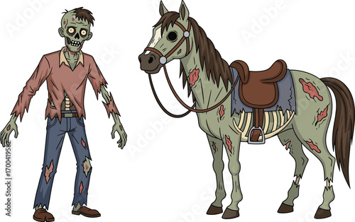 Zombie man and undead horse, creepy walking dead, horror apocalypse duo, spooky undead creatures, zombie horse with saddle, eerie zombie figure