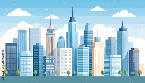 Urban cityscape background featuring a collection of modern architectural skyscrapers in a clean, flat vector art style