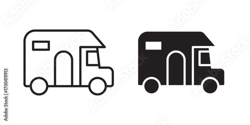 Camper van icon. Vector illustration with stroke and fill on a white background.