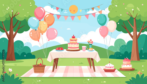 A charming cartoon illustration of a summer landscape with a house and a tree, perfect for a child's birthday card design