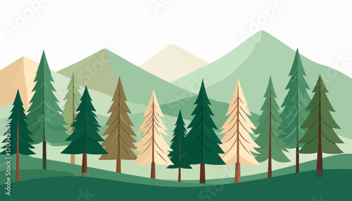 A winter forest landscape with a set of Christmas trees and fir trees decorated for the holiday season