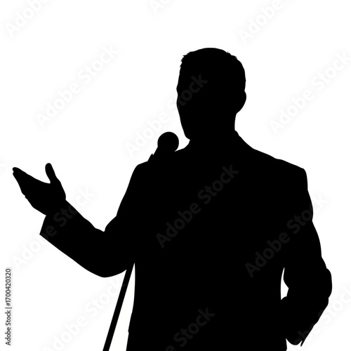 Man speaking at podium with microphone silhouette isolated on white background