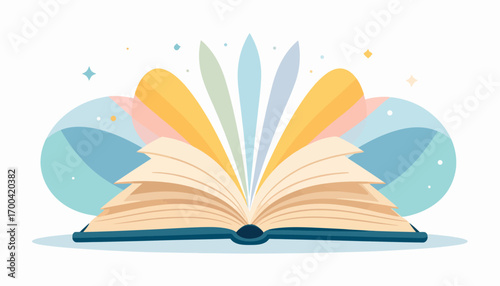 An open book with pages fanning out, featuring a colorful, magical burst of light. 
