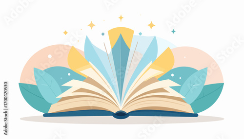 Open Book with Light Shining Out, Leaves, and Stars Creating a Magical Learning Experience