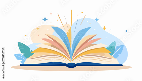 An open book with a magical rainbow bursting from the colorful pages represents knowledge and learning