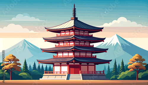 Serene Japanese pagoda standing before a majestic snow-capped mountain range in a tranquil landscape illustration
