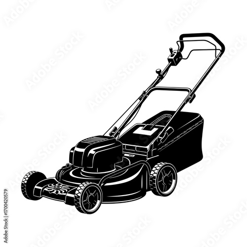 Black silhouette of a lawn mower isolated on white background